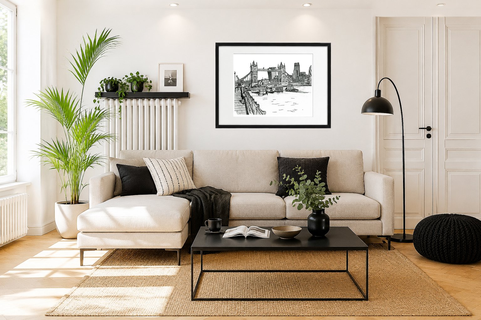 Tower Bridge Lady Pencil Print Framed Black.jpg