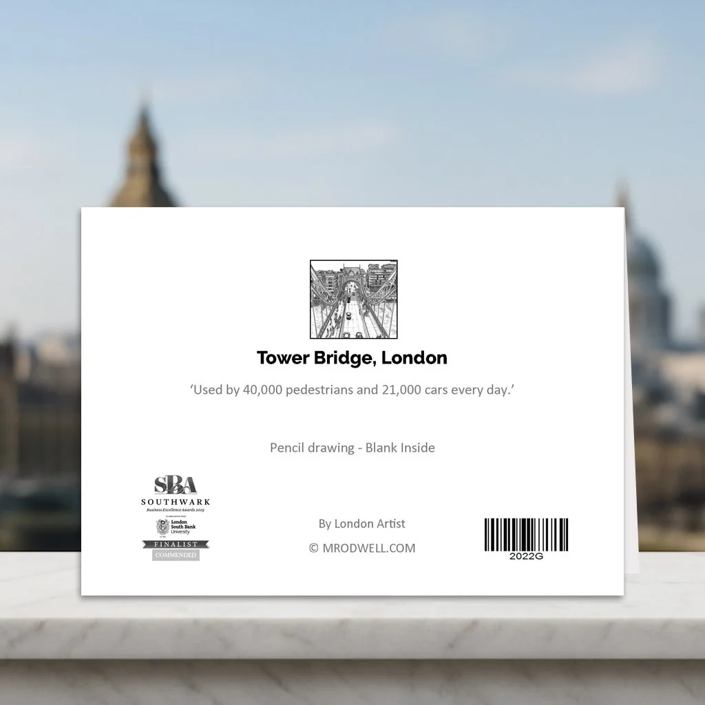 London Greeting Card of Tower Bridge.  Fun Facts Back Page