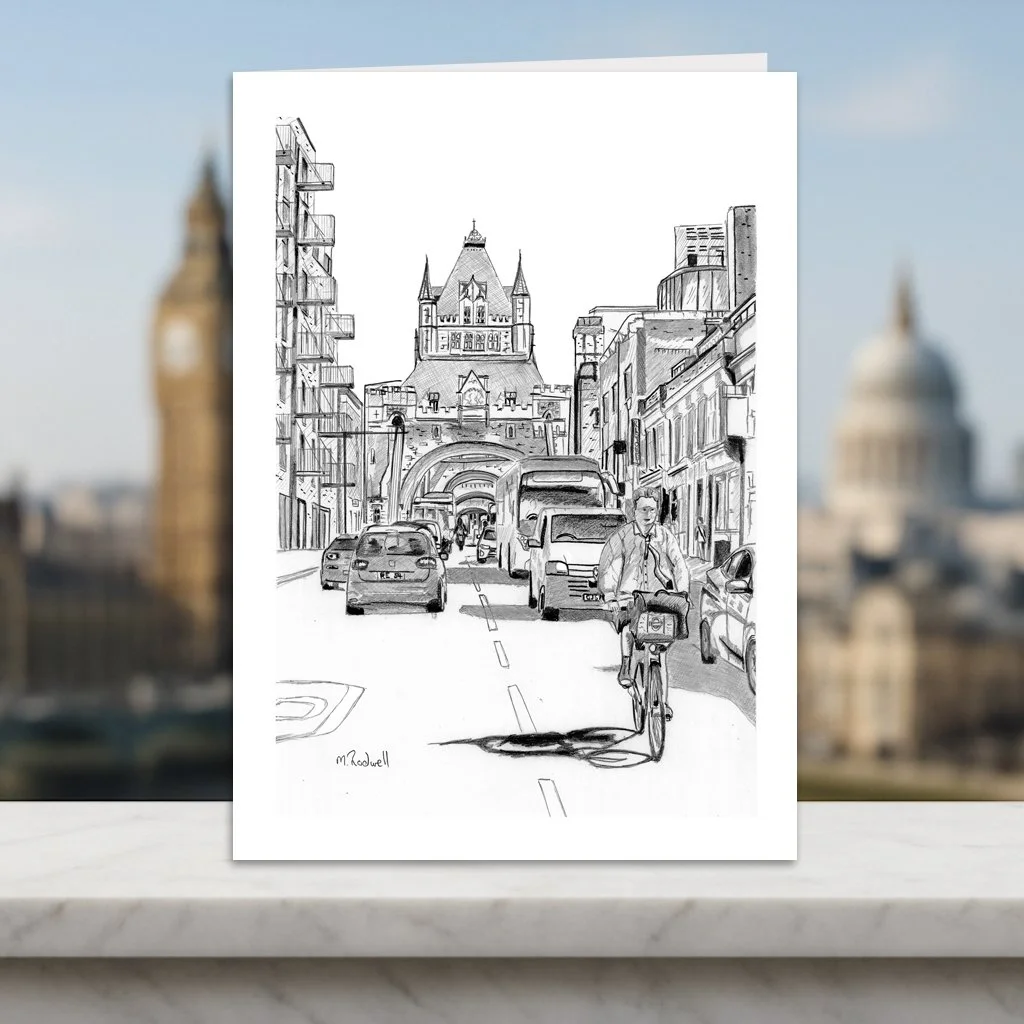 Tower Bridge City Slicker London Greeting Card. Pencil Illustration
