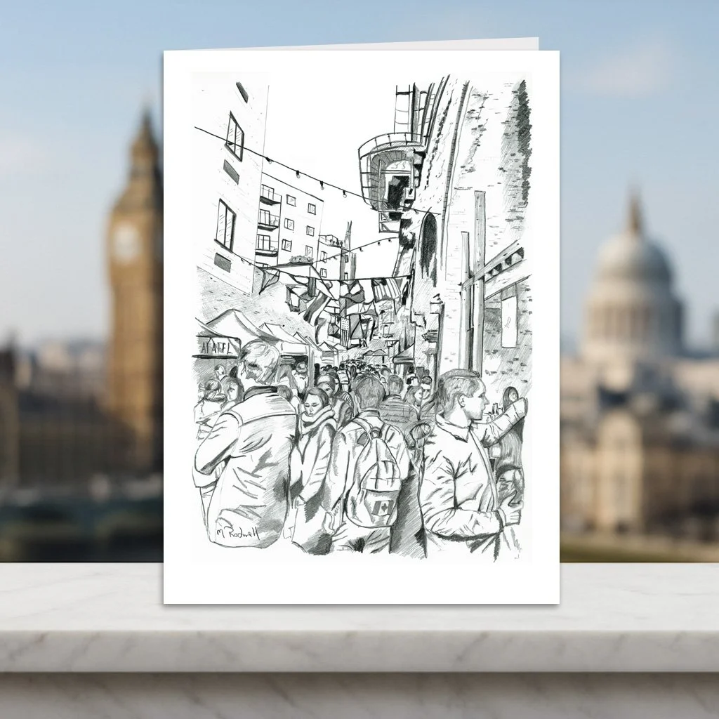 Maltby Street Market London Greeting Card, Blank Inside, Fun Facts on Back