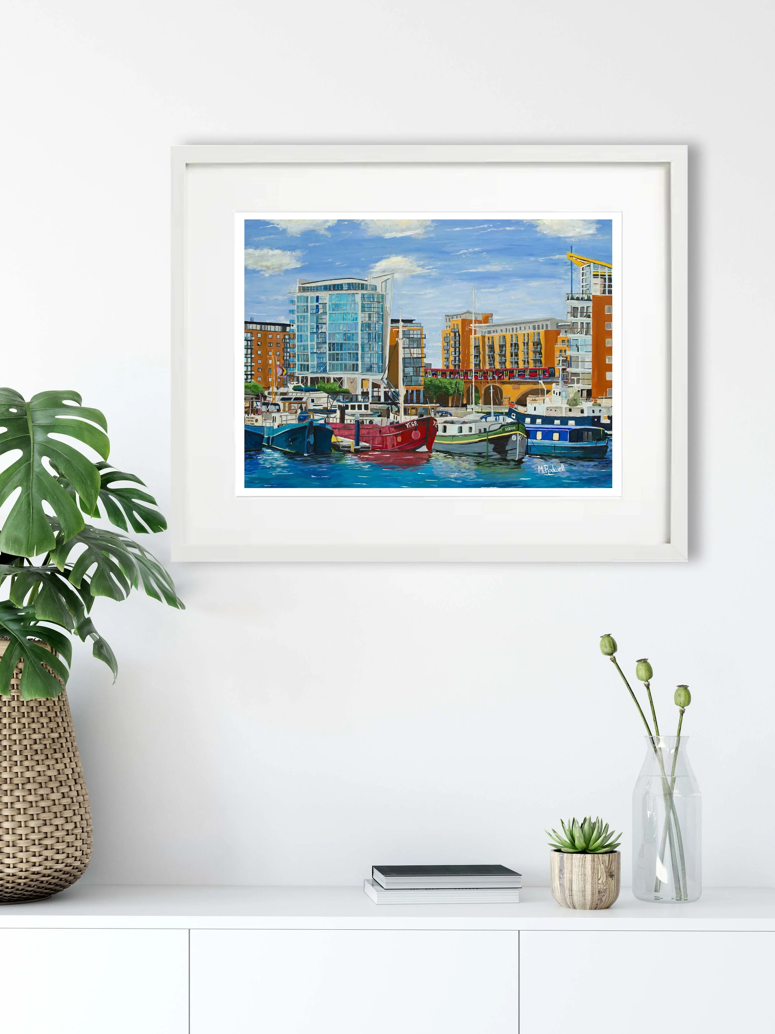 London Print of Limehouse Basin Marina, boats, flats, dlr painted