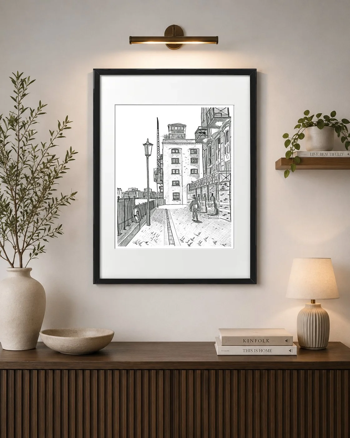 Rotherhithe Globe Wharf Print Pencil Drawing of the Warehouses and Thames