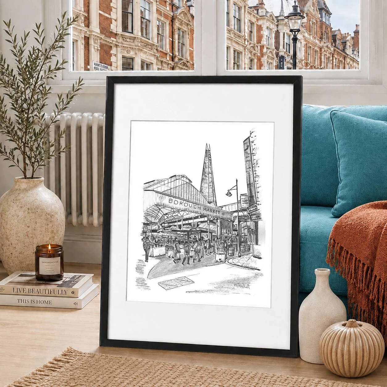 Pencil illustration of Borough Market stalls and building