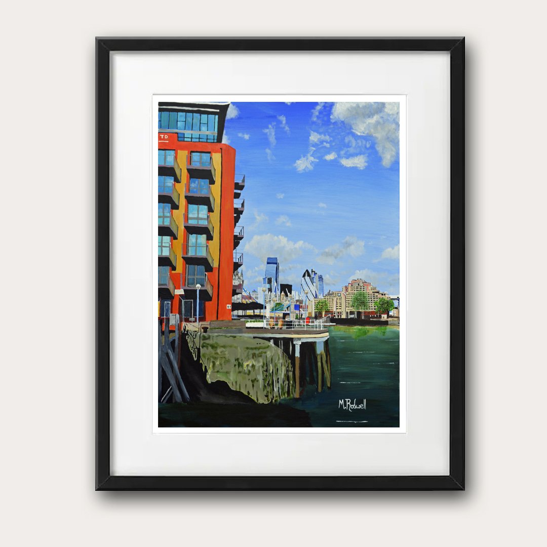 River Neckinger meets River Thames, colour illustration featuring the warehouse conversions at Shad Thames.  Artwork by Magnus Rodwell