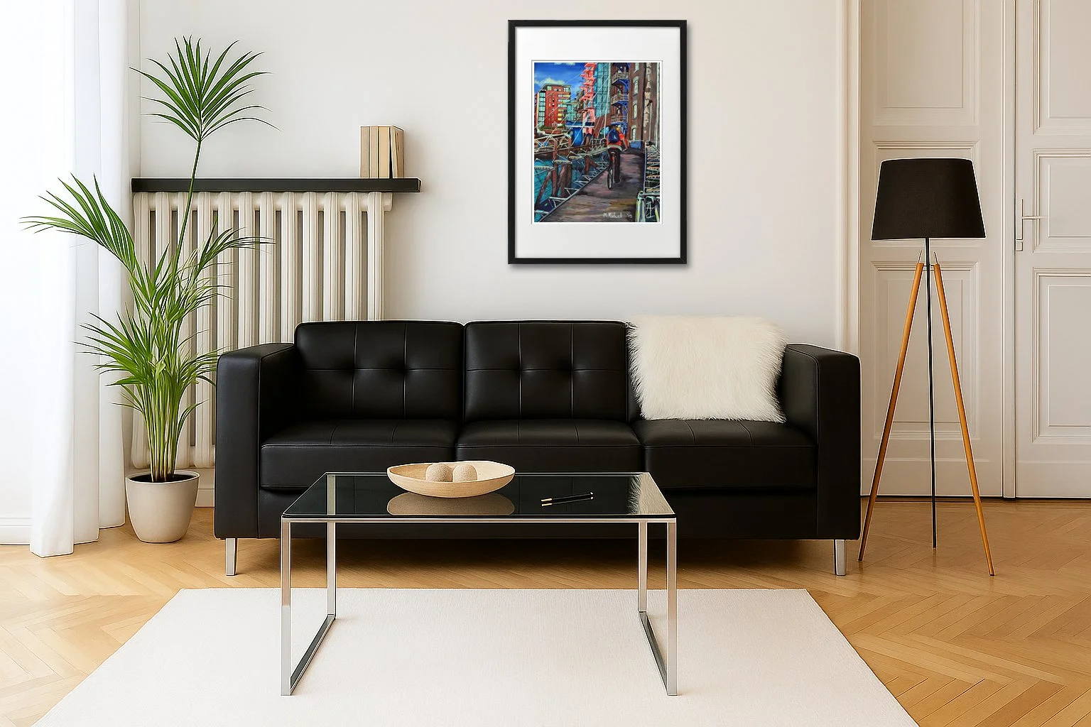 Concordia Wharf Man Cycling Print. Black themed room