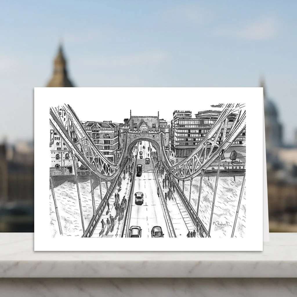 Tower Bridge Aerial View Of Road, London Greeting Card.  Blank Inside.  Fun facts back page