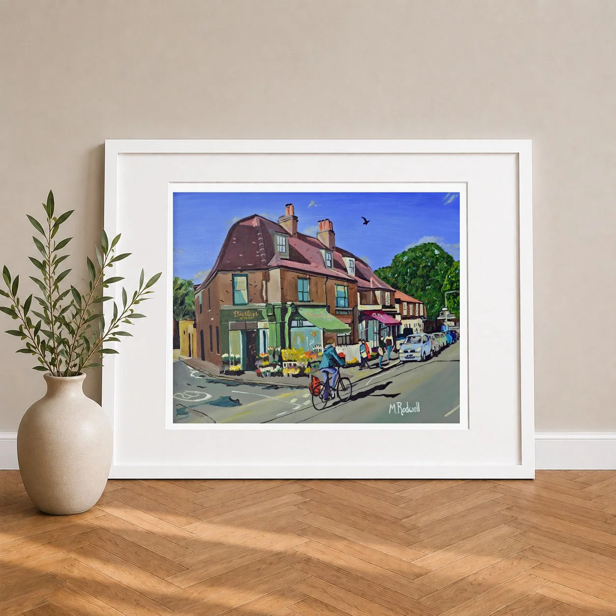 Colour print of Dulwich Village featuring the high street and flower shop