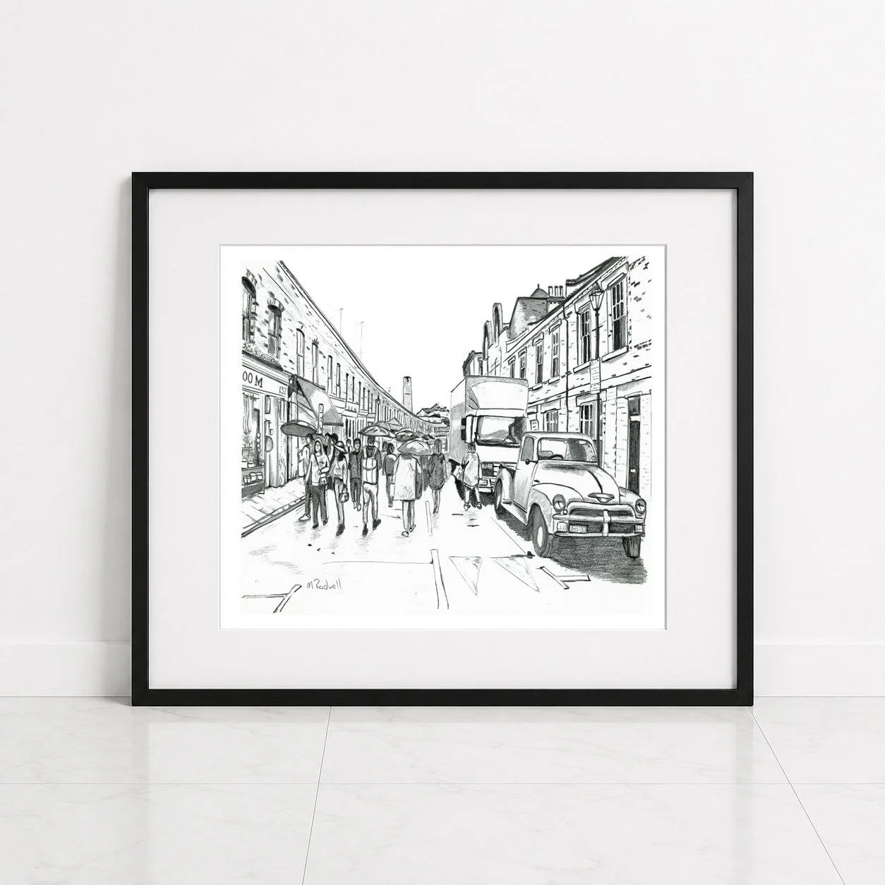 Pencil illustration of Columbia Road flower market with people stalls and cards plus the housese