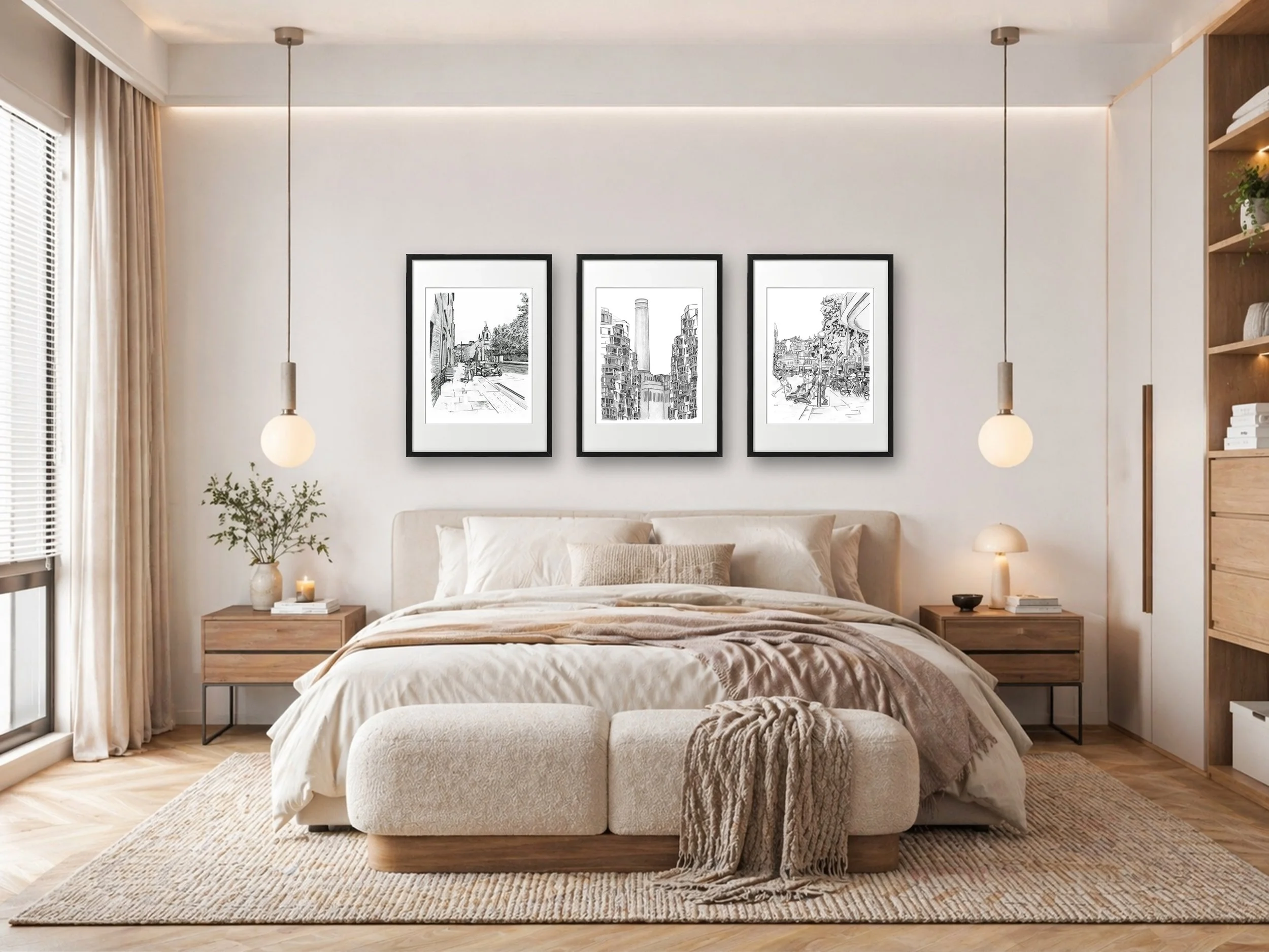 Warm grand minimalist bedroom with bed and pencil drawing artwork above the bed of London street scenes.