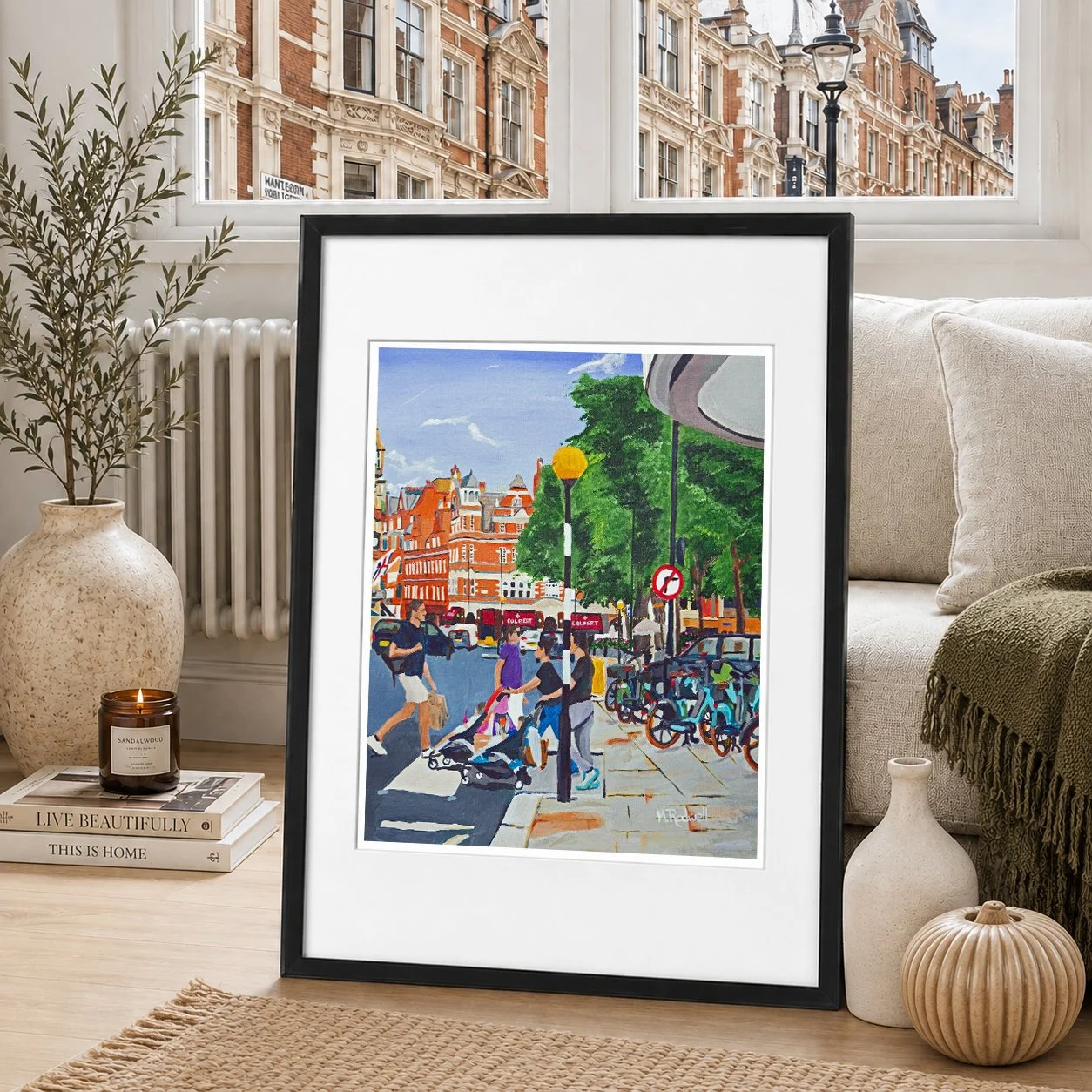 Sloane Square colour illustration of crossing and high street shop fronts