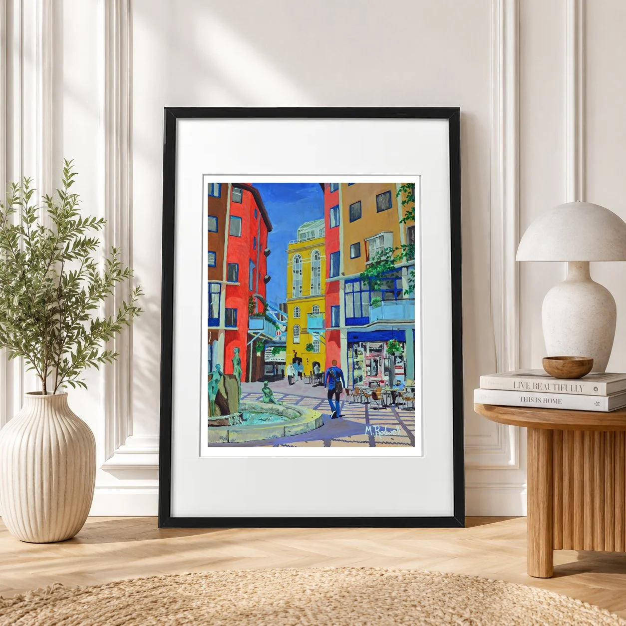 Illustration of Courage Yard, Shad Thames of man walking past fountain.  Artwork by Magnus Rodwell