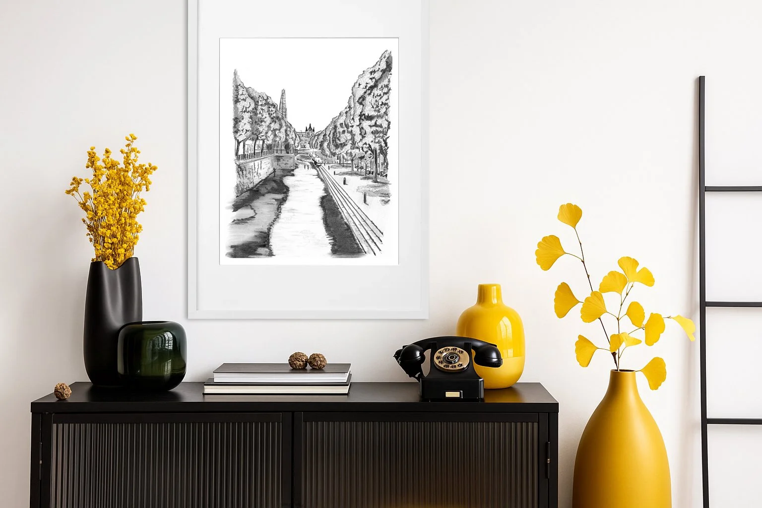 Wapping Pencil Print Framed above cabinet.  London Artwork