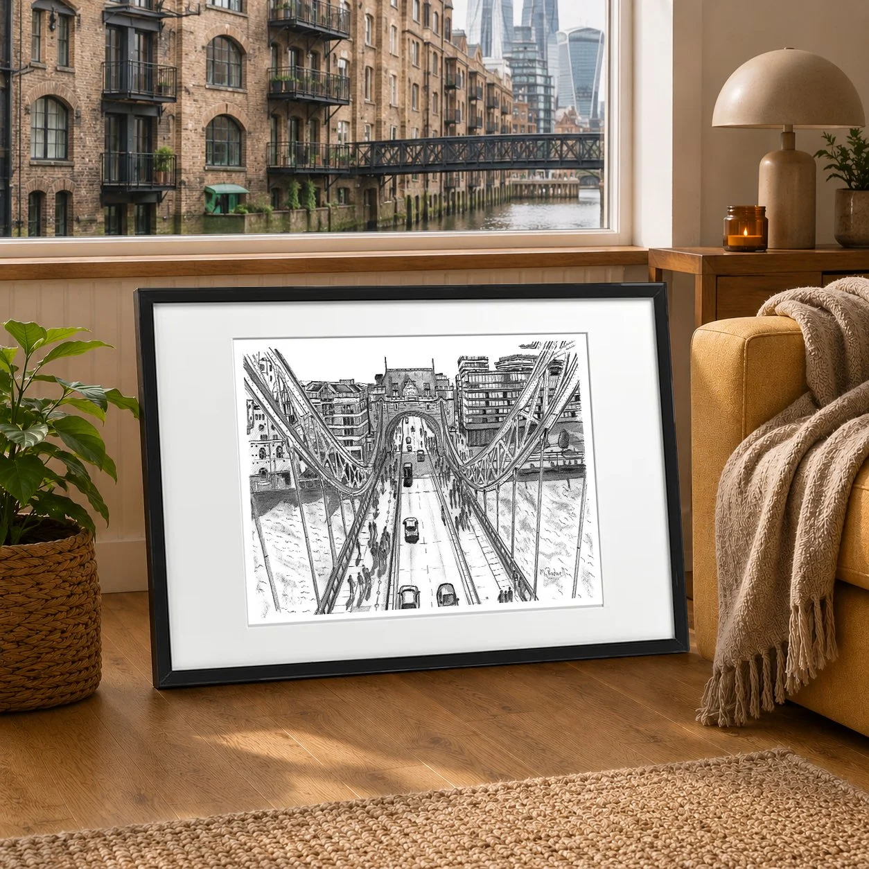 Tower Bridge pencil print.  Ariel view of tower bridge drawn with traffic crossing and people.  Artwork by Magnus Rodwell