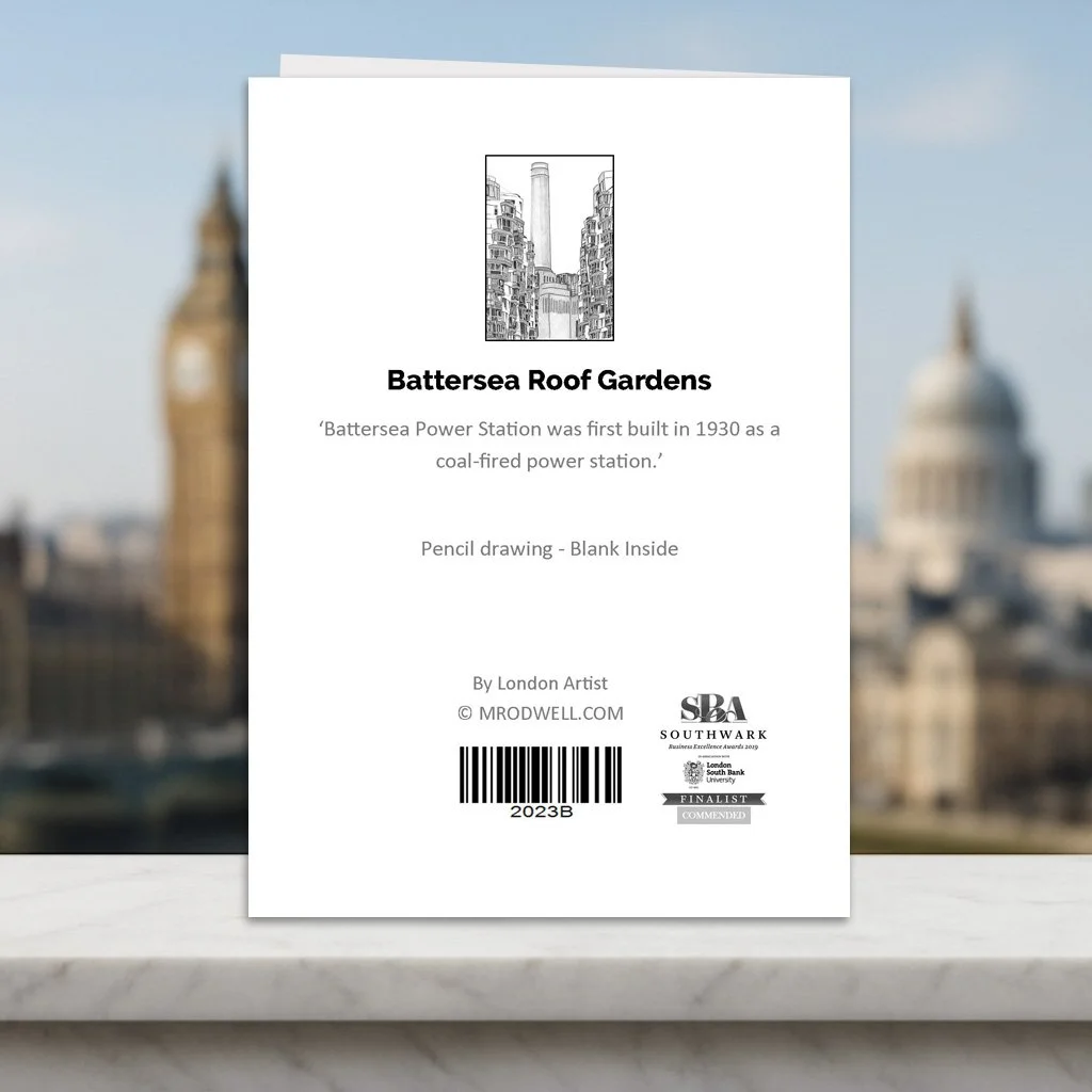 Factual back page of Battersea greeting card for sale