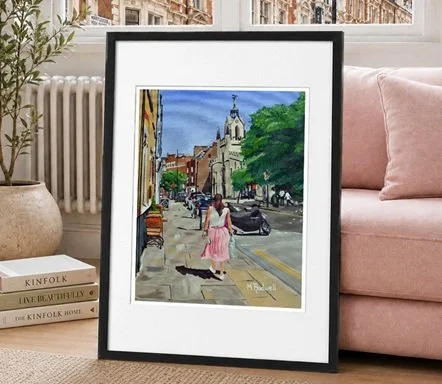 Colour illustration of lady walking along Bermondsey Street wearing pink skirt and white top.