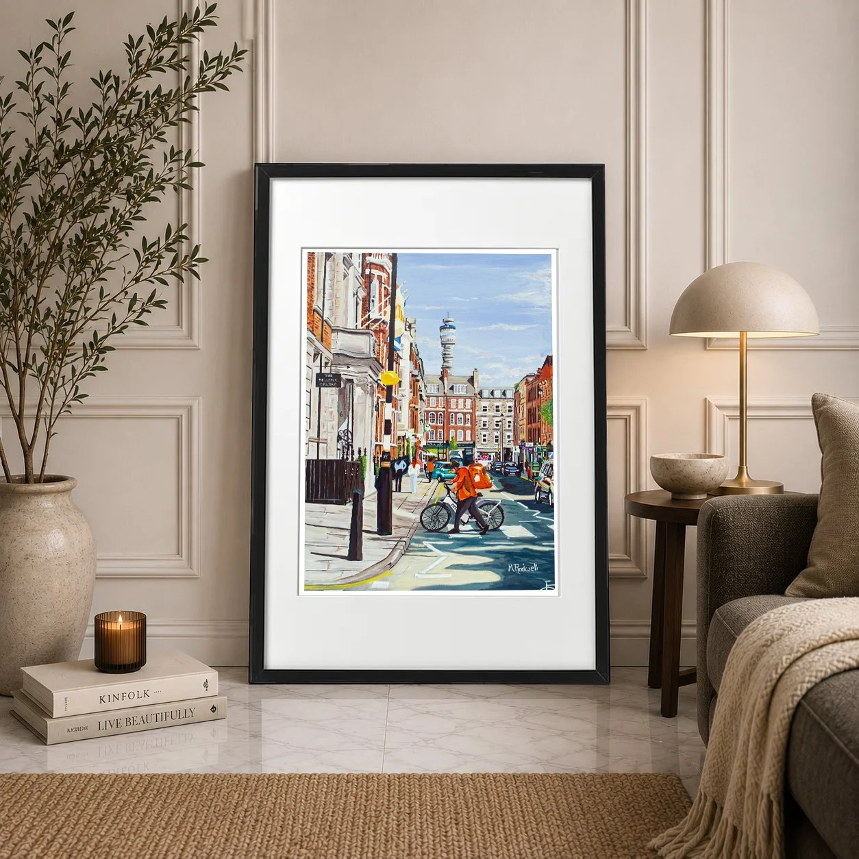 Paddington Street Print.  Colour illustration of high street featuring zebra crossing, view of street and BT Tower in distance. by Magnus Rodwell