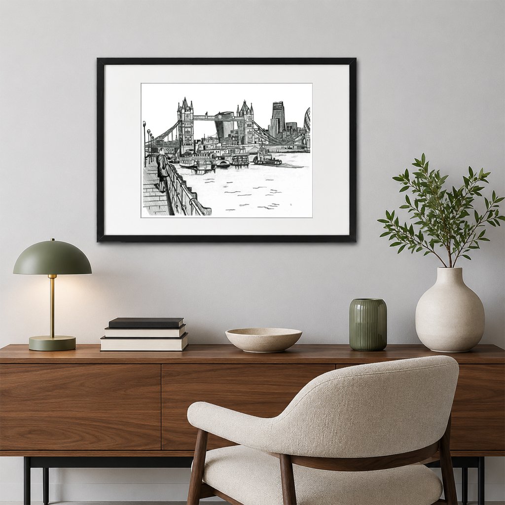 Tower Bridge Lady Pencil Print Framed Black Frame.jpg