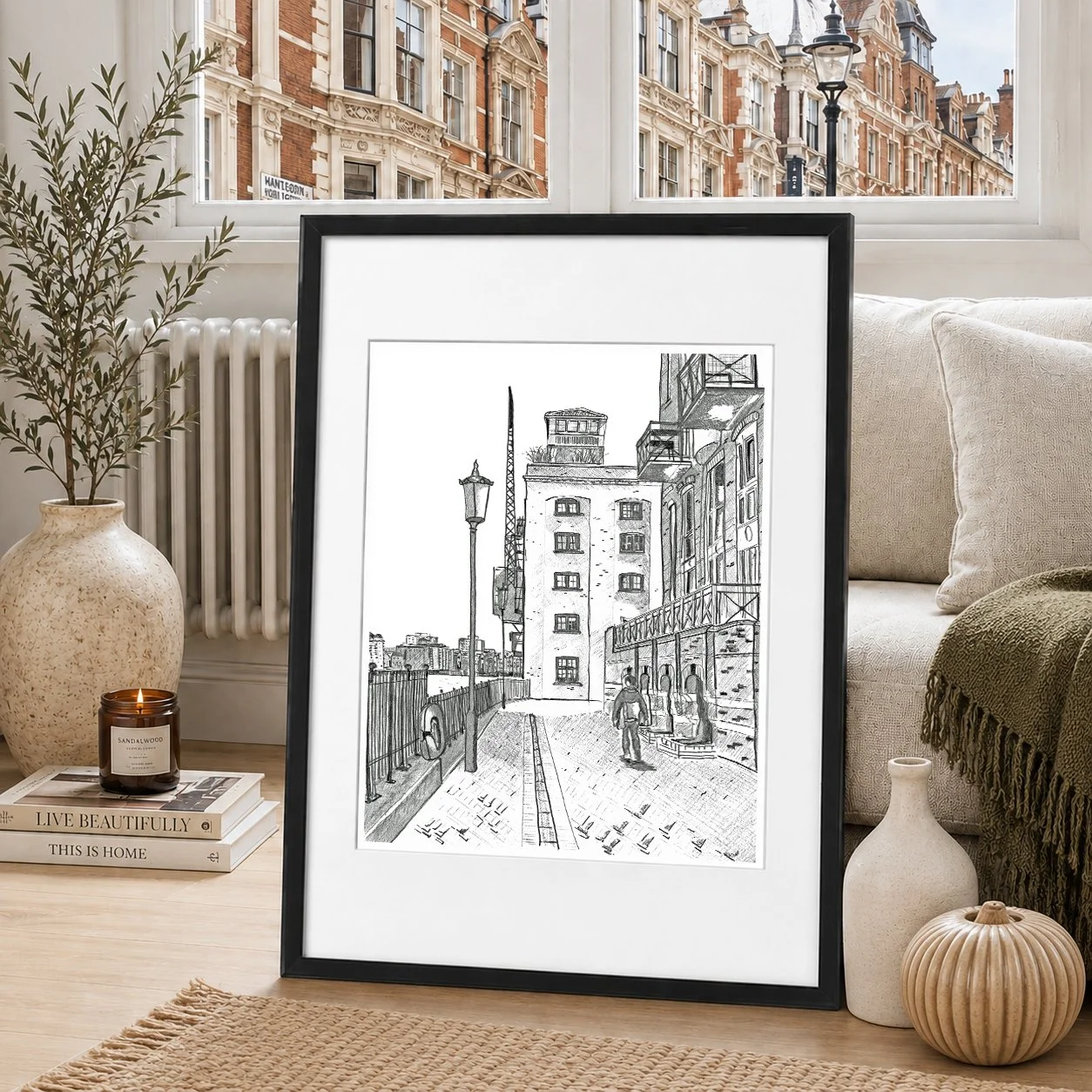 Pencil illustration of Rotherhithe Street looking onto the rice mill on the River Thames