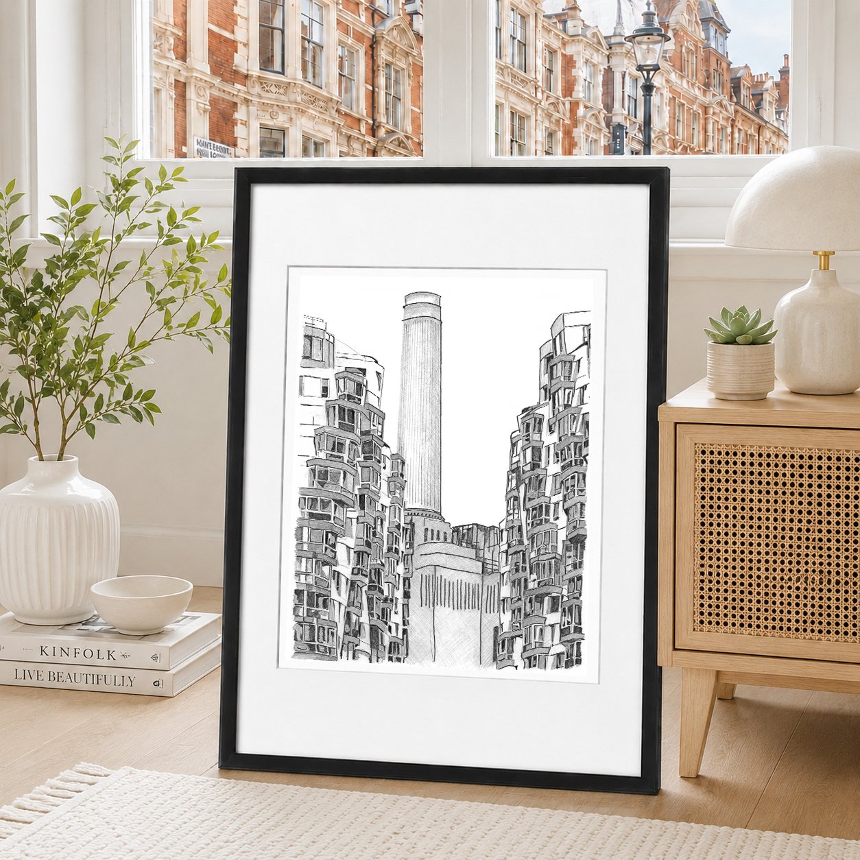Battersea Power Station Pencil Print featuring the apartments looking onto the famous Chimneys