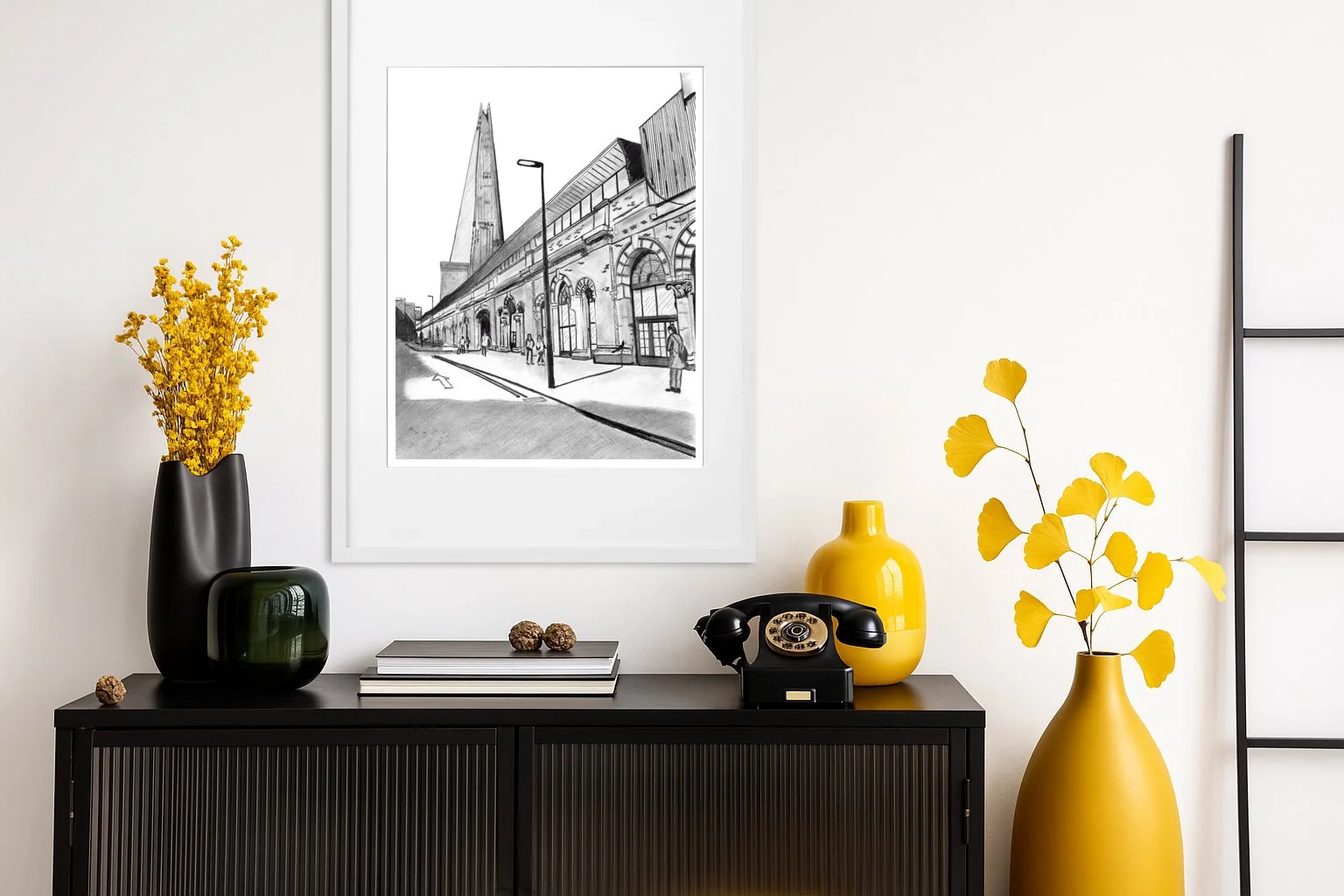 The Shard Pencil Print Framed above a  hallway cupboard unit
