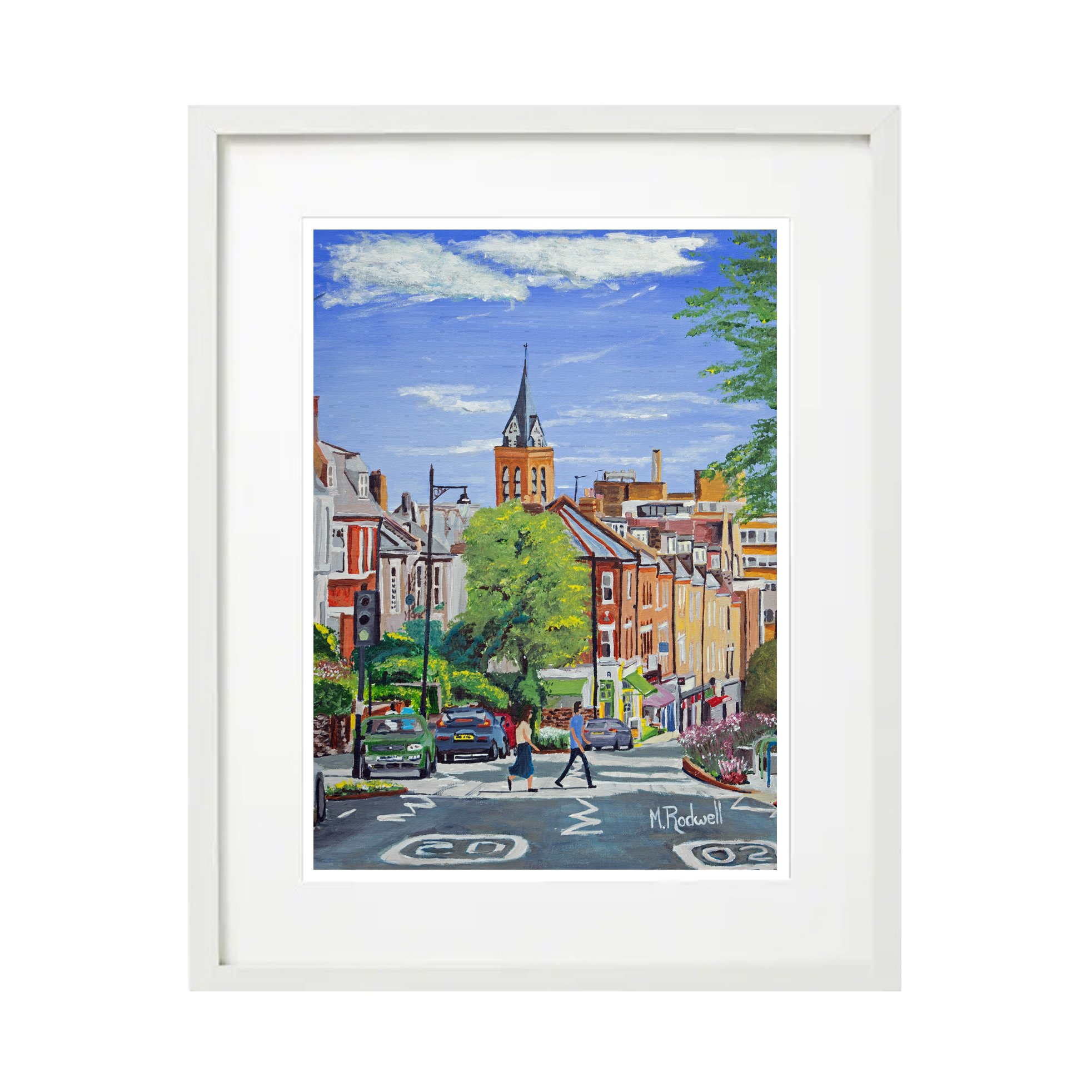 Framed in white, Limited Edition Painting Print of Highgate Hill street, Highgate London