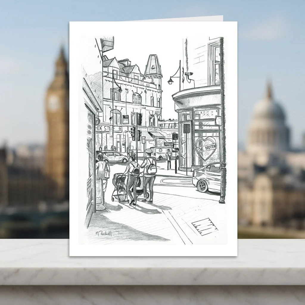 London Greeting Card of Brixton High Street.  Pencil Drawing Card