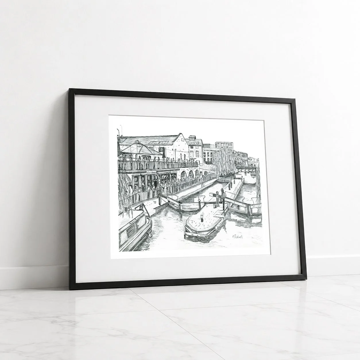Camden Lock Illustration Pencil Print by Magnus Rodwell