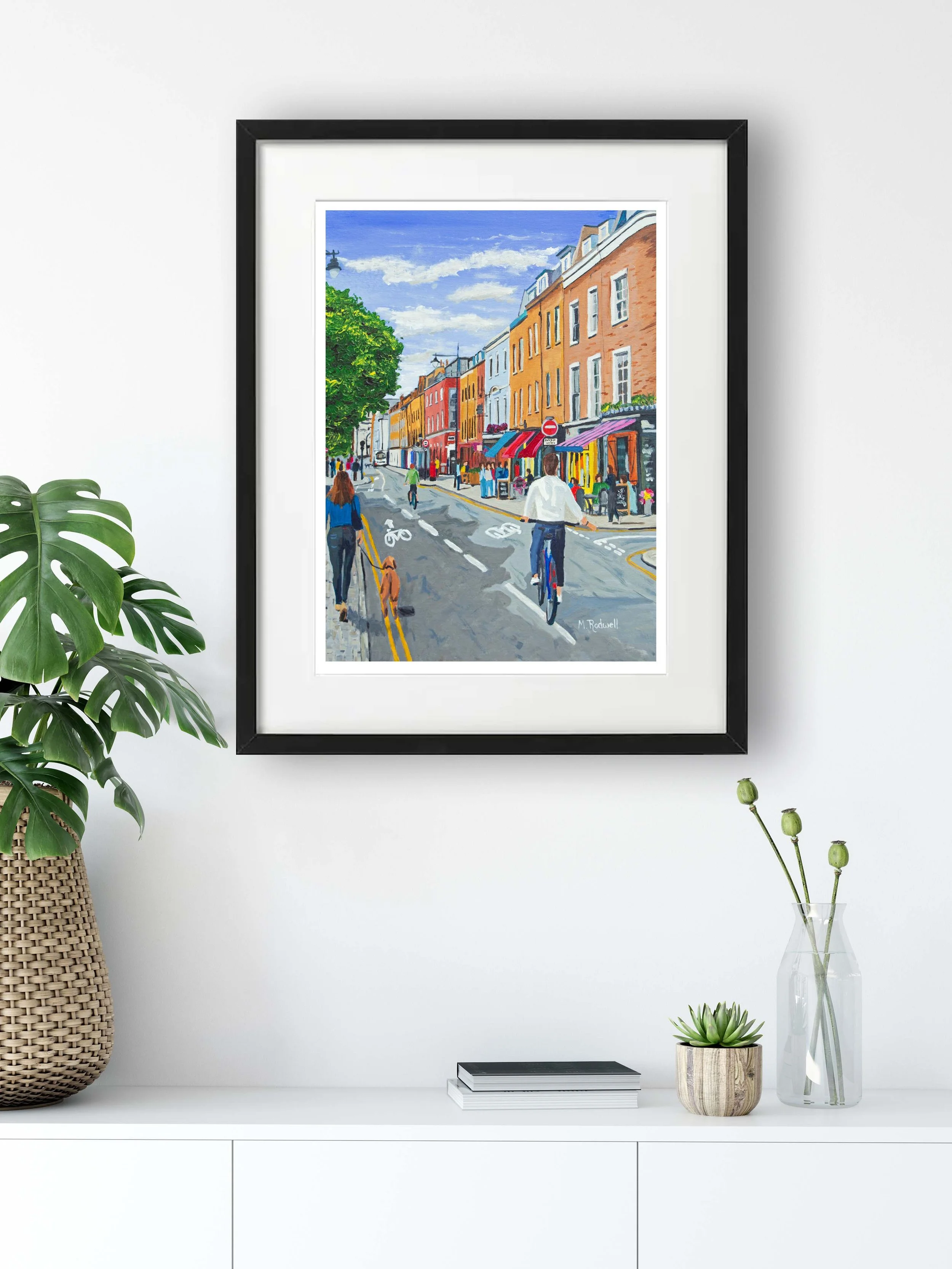 Vibrant painting of Bermondsey Street in Summer. Cafe Culture with people eating drinking cycling walking