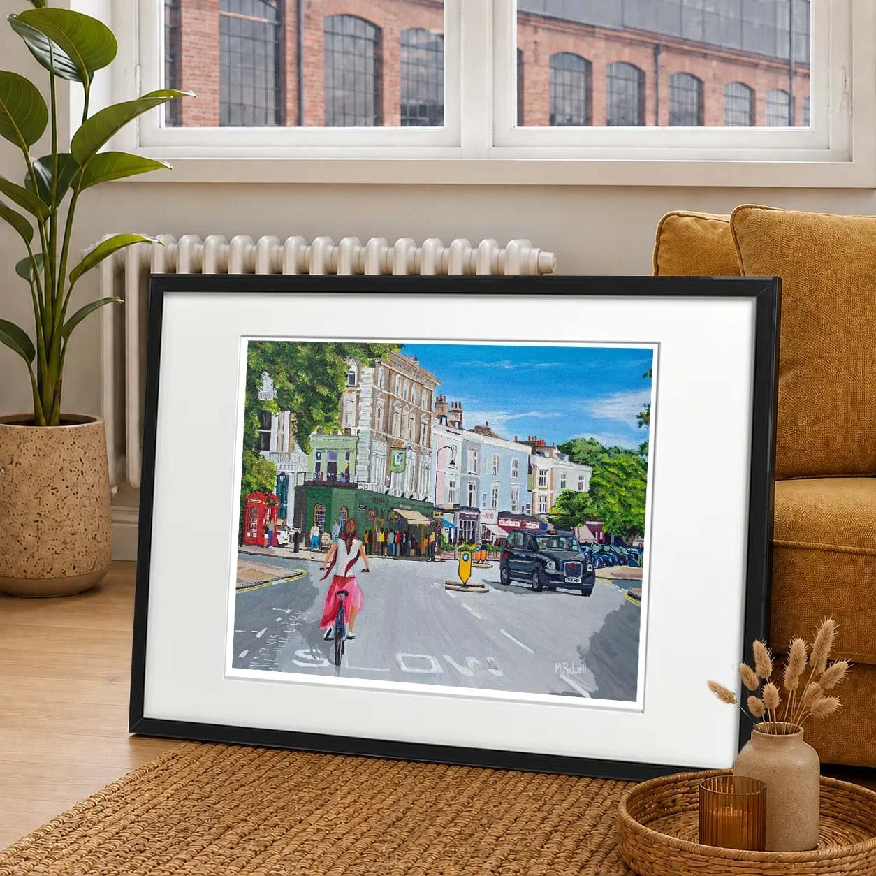 Primrose Hill Print.  Colour painting Illustration of the High Street featuring girl on a bicycle cycling to the shops.