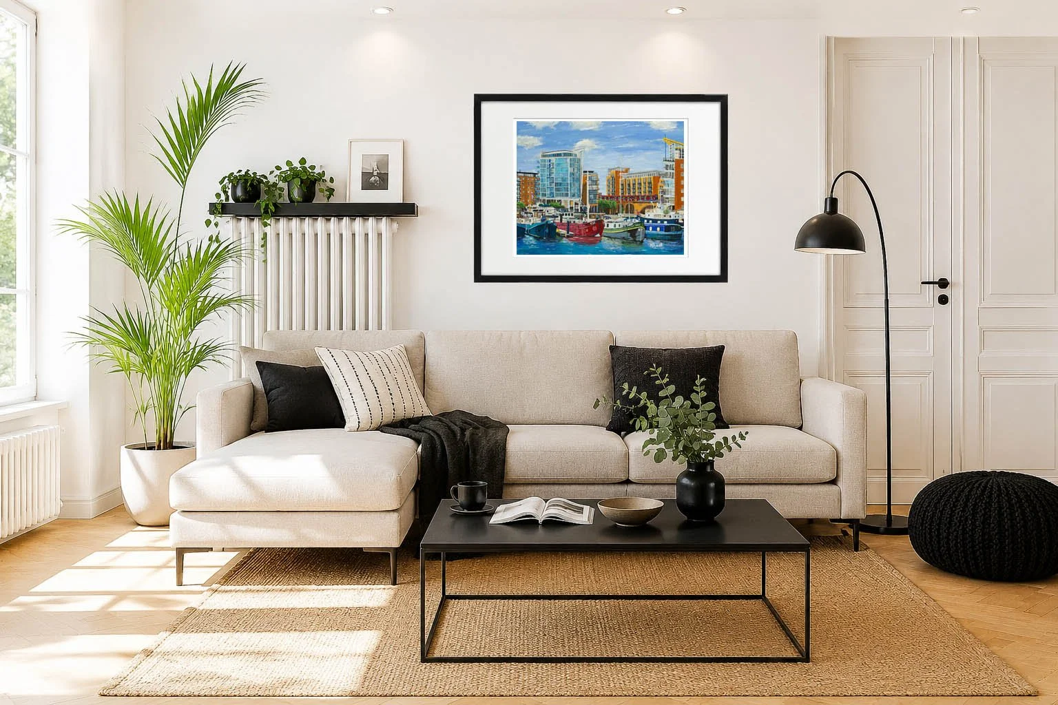 East London Painting of Limehouse Basin Marina, Boats, Harbour View Flats and DLR train tracks with Train