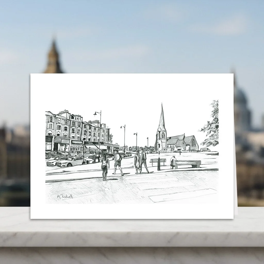 Front Cover of Blackheath Greeting Card.  Pencil Drawing of All Saints Church and High Street Restaurants