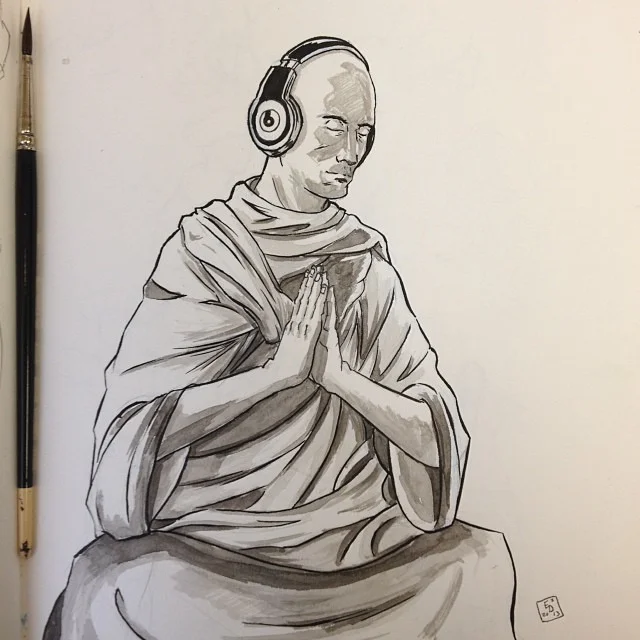 So a while back when I was in Vegas I actually saw a monk sitting in the airport rocking a pair of beats and meditating #inktober #drawing #monk #inkwash #meditation #beats #sketchbook