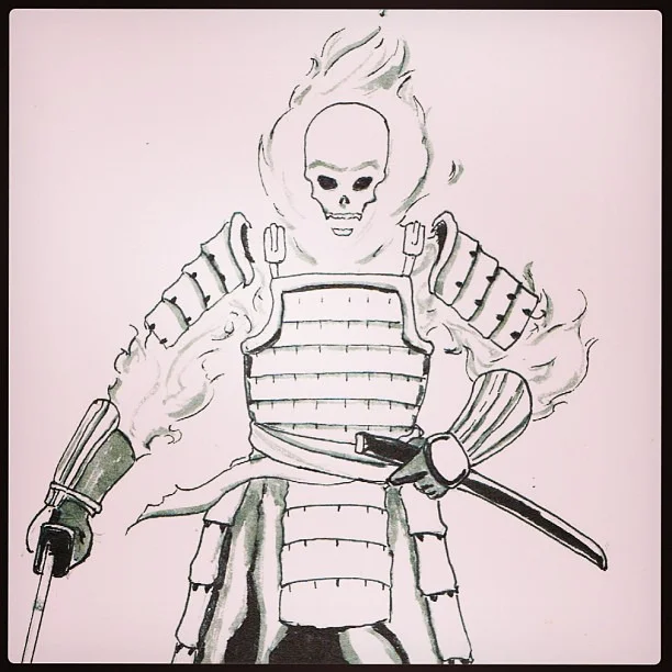 Good morning folks, here&rsquo;s a sketch from last night #samurai # armor #minion #skull #fire #sketch #demon #art #sketchbook #pen #ink