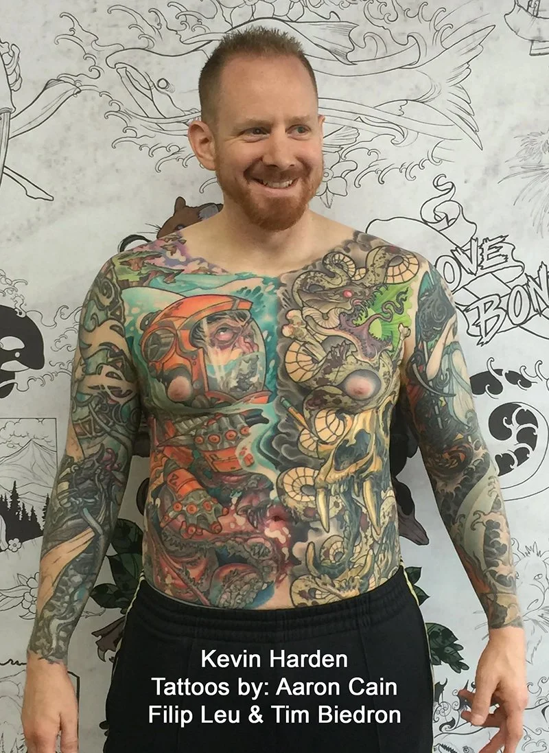 Kevin Harden — tattoo artist at AK Tattoo, Anchorage Alaska. Tattoos by Aaron Cain, Filip Leu & Tim Biedron