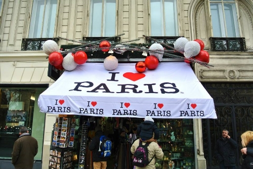 A street side store on Avenue des Champs-Élysées in Paris, spreading the love for the city