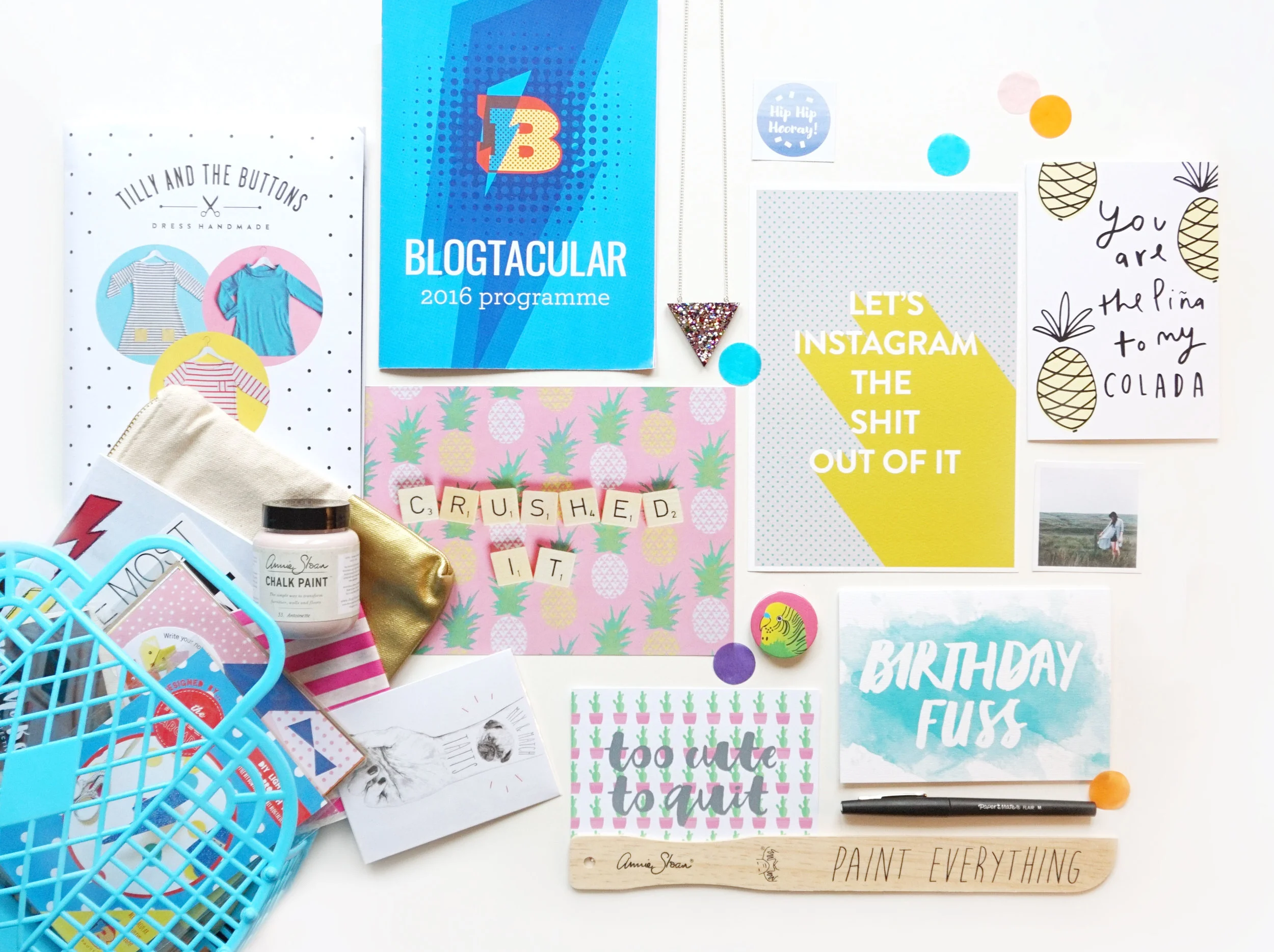 Clothing pattern by Tilly and the Buttons . Crushed It print by Claireabellemakes . Necklace by Too Cute to Quit . Instagram print by Molu Print Shop . Pina Colada card by Old English Company . 