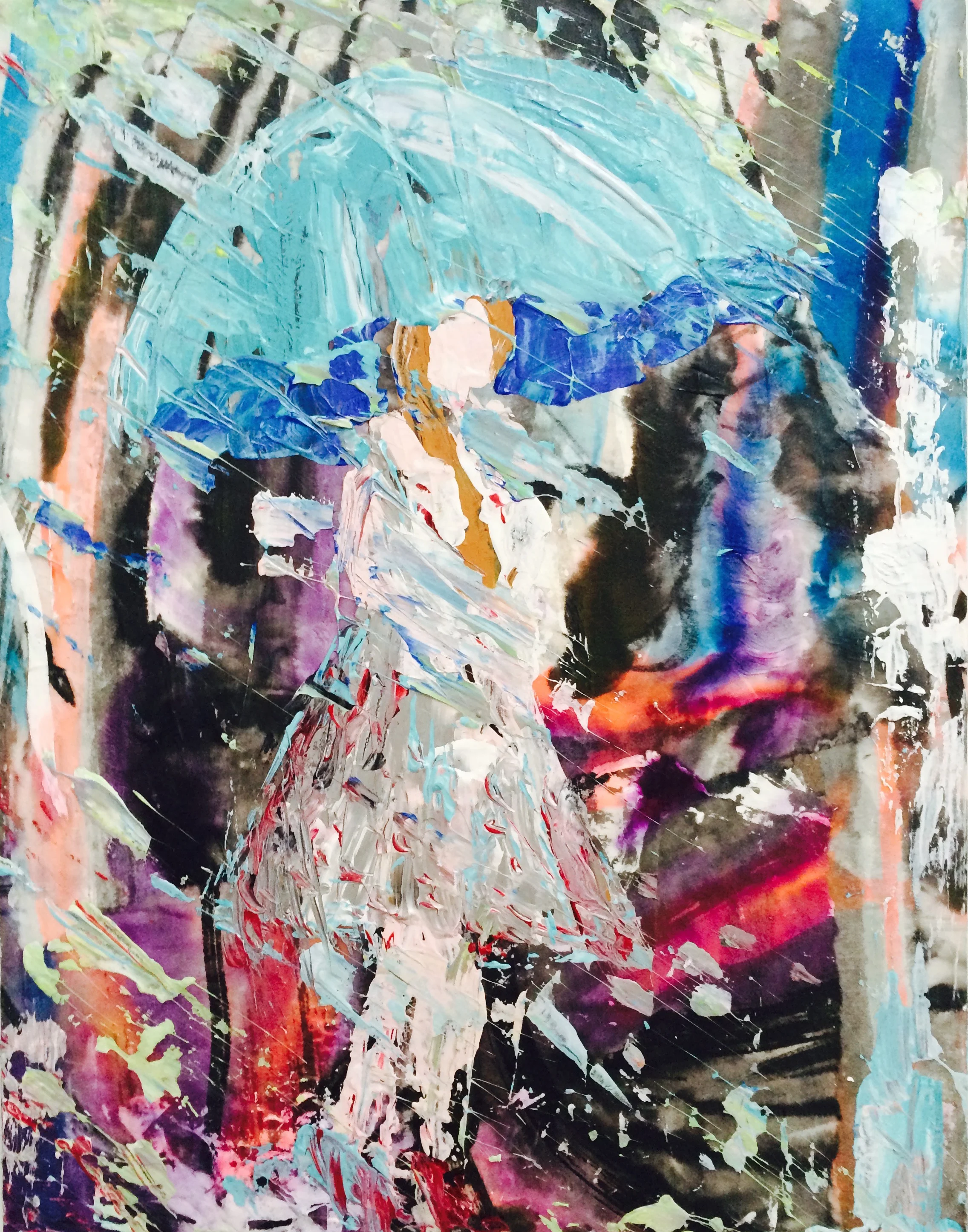 City Lights, Rain Walk - Watercolor inks, Mulberry Paper, Acrylics on Birchwood Cradleboard - 14" x 18"