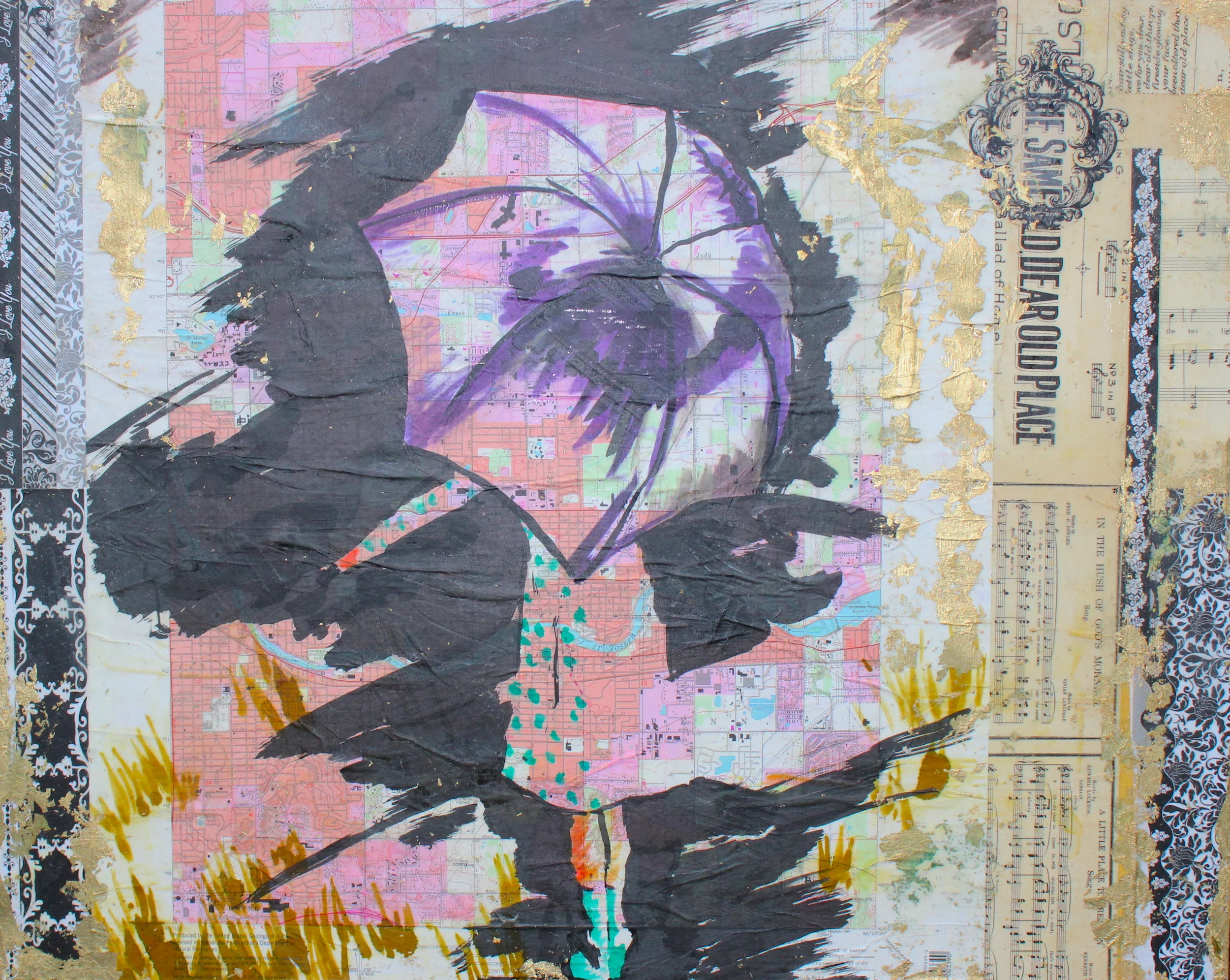 Singing In The Rain of Days - 30" X 22" - Mixed media on Birchwood Cradleboard
