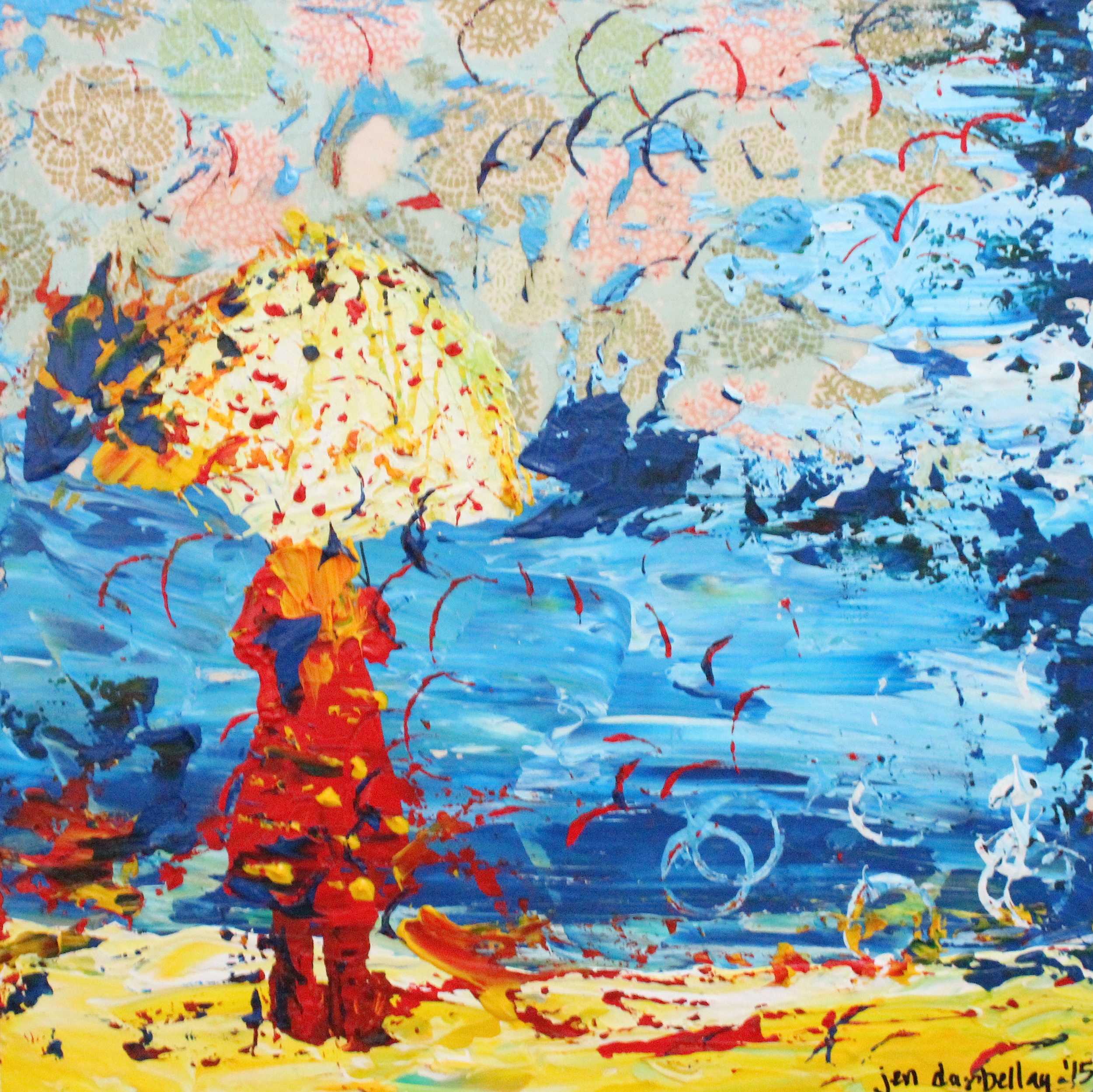 Red Raincoat, printed sky - Mixed Media on Birchwood Cradleboard - 16" X 16"