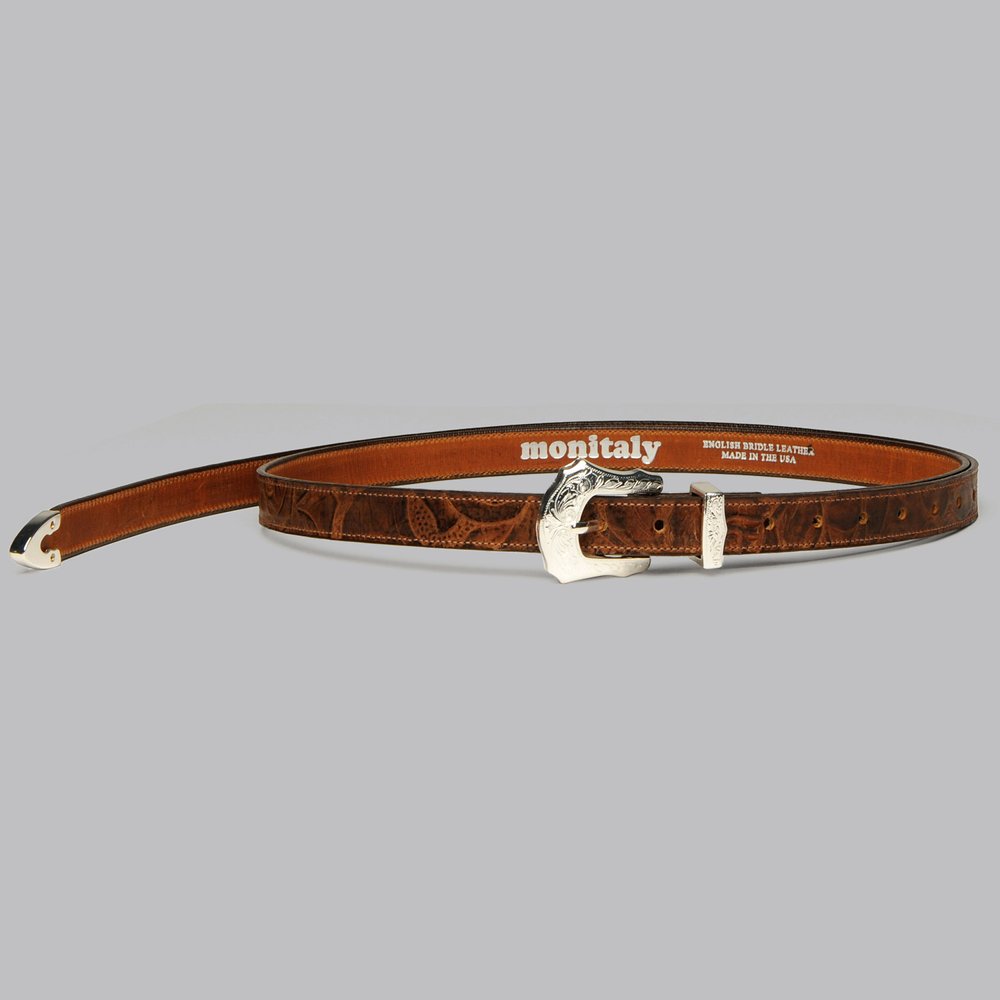 Extra Long Leather Belt with 3pc Buckle Set - Floral Med. Brown — MONITALY