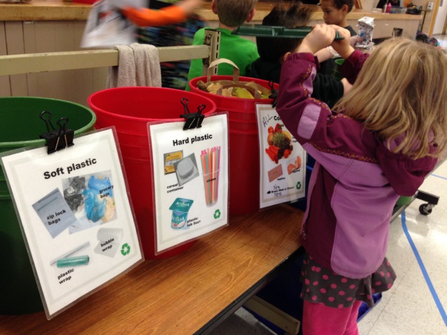 Kids can participate in separating milk cartons, food scraps, recycling and garbage.