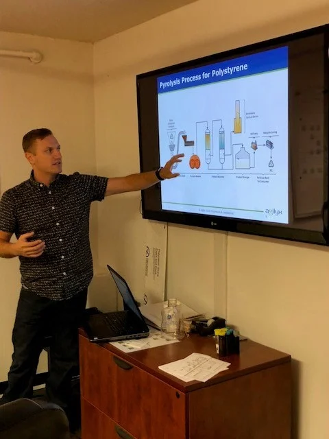 John Desmarteau describes the process of pyrolysis -turning recycled plastic back into a basic crude oil or natural gas for making new plastic again.