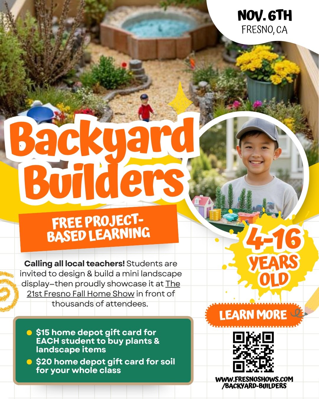 📣 Calling all teachers, homeschool groups &amp; young creators! Introducing our new Fall feature: Backyard Builders- A Mini Landscape Showcase at the 21st Annual Fresno Fall Home Show &mdash; happening November 6&ndash;8! 

Kids ages 4&ndash;16 will