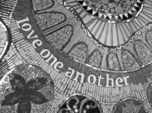 A detail of the mosaic mural created by elementary school students in Katherine England's art class.