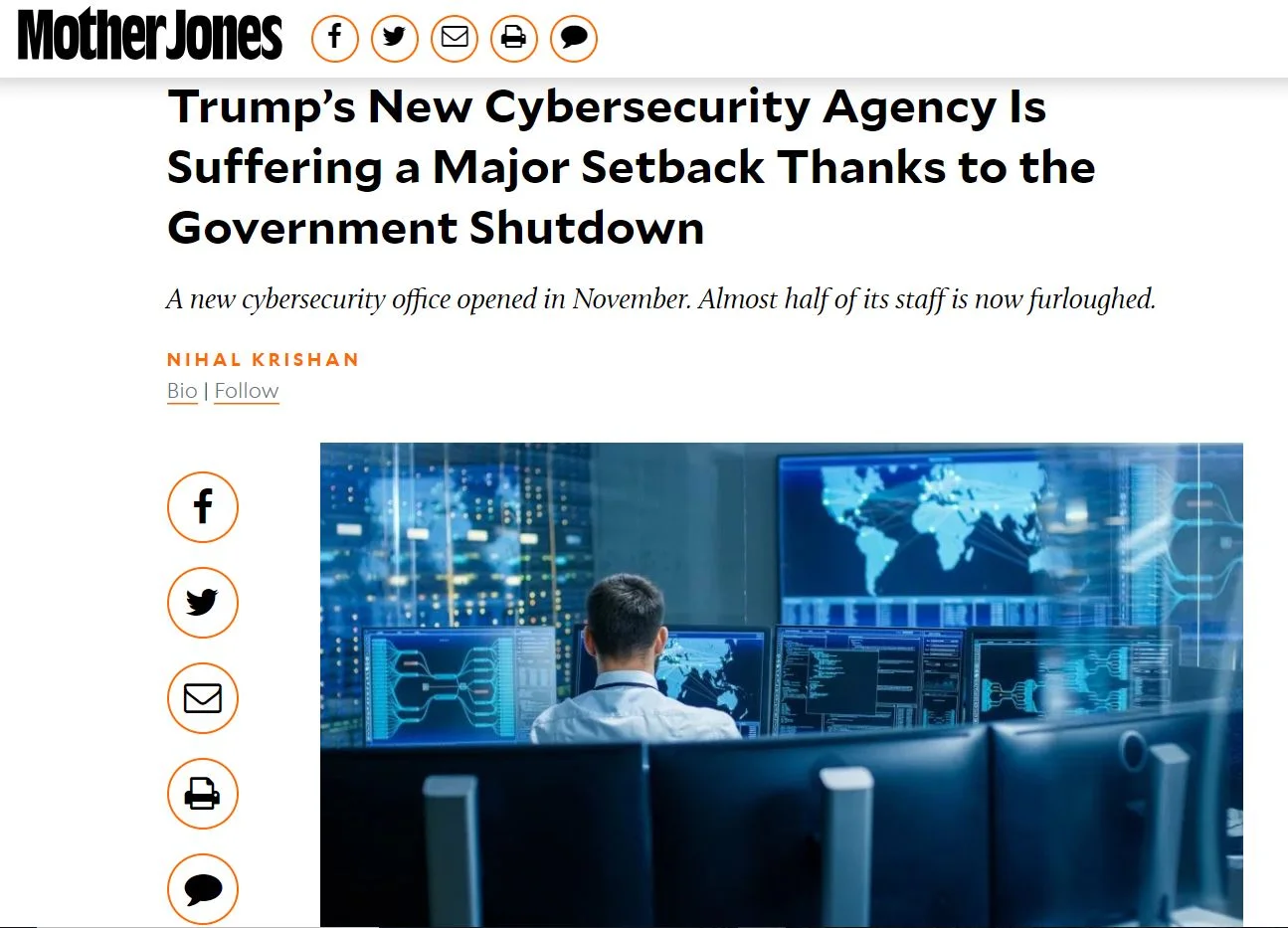    Trump’s New Cybersecurity Agency Is Suffering a Major Setback Thanks to the Government Shutdown   