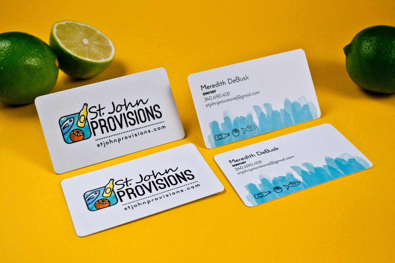 Business cards utilizing full-color logo and watercolor treatment