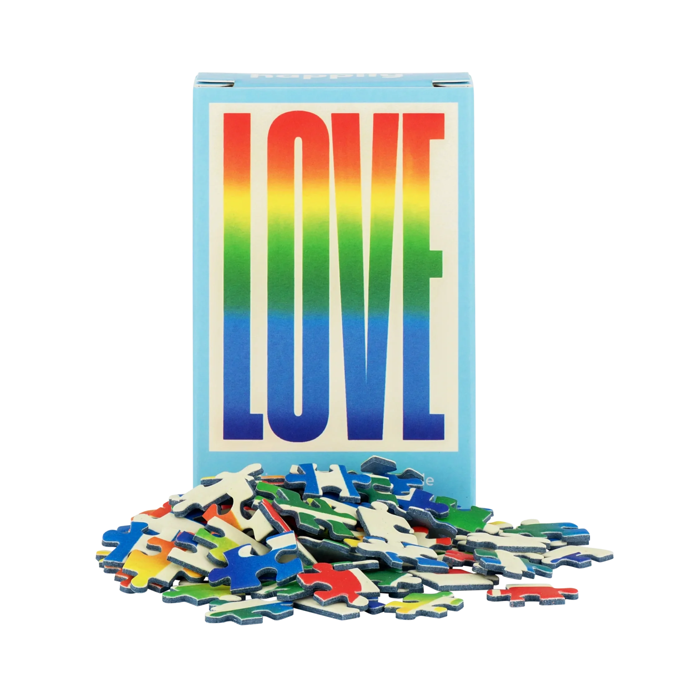 A box with the word 'LOVE' in rainbow colors, surrounded by colorful jigsaw puzzle pieces scattered below.