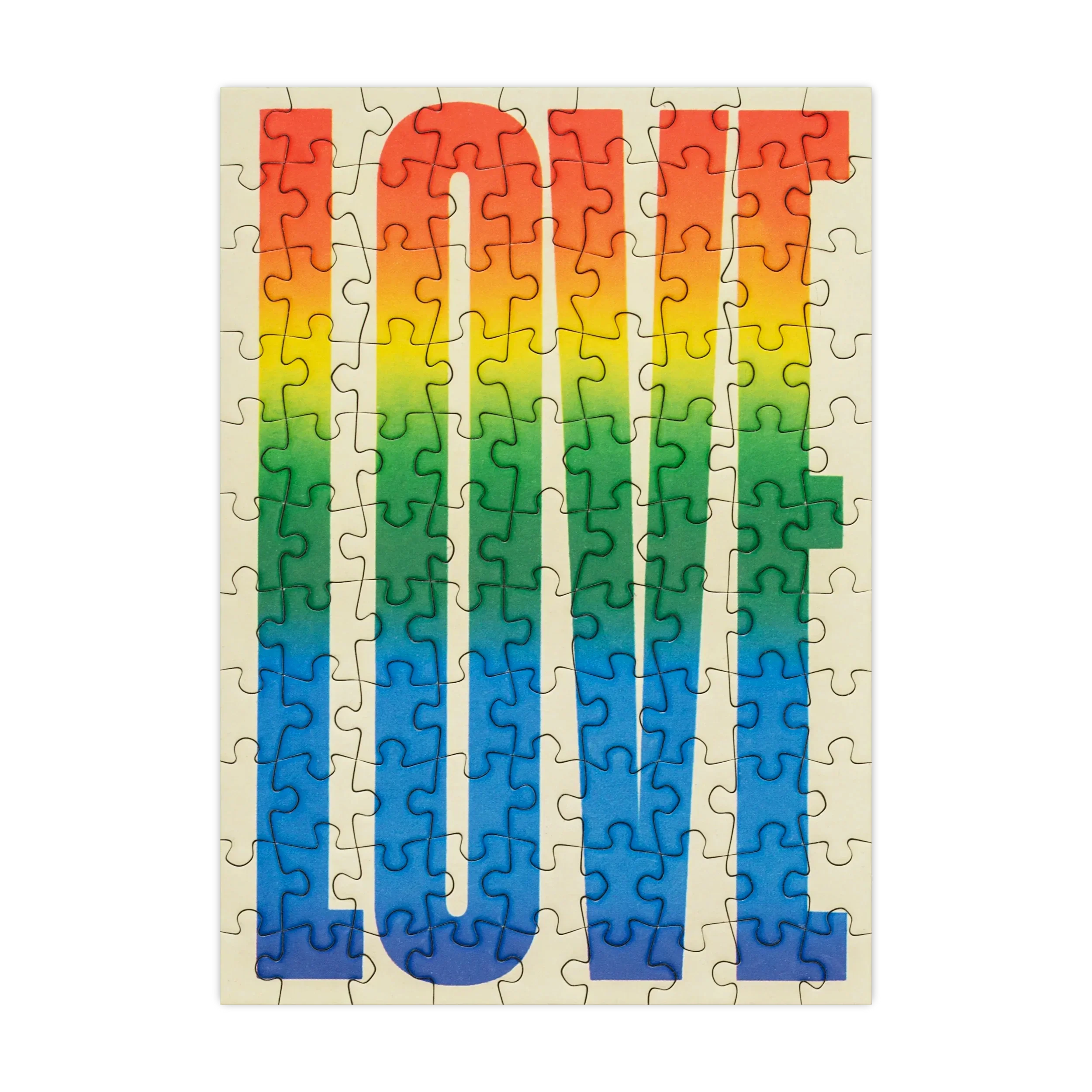 Colorful jigsaw puzzle of the word 'LOVE' with a rainbow gradient, on a black background.