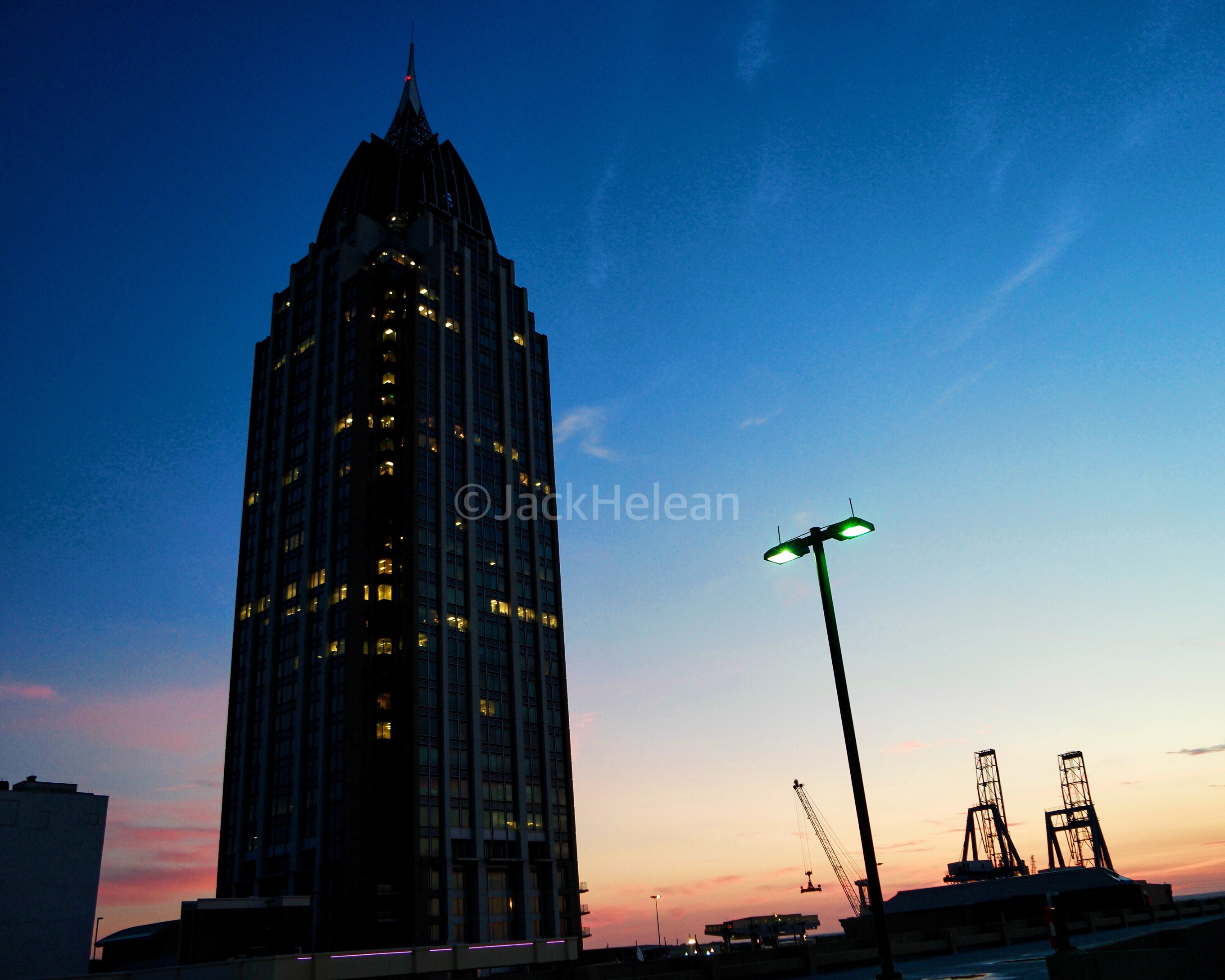 RSA building and cranes at Alabama's port. 