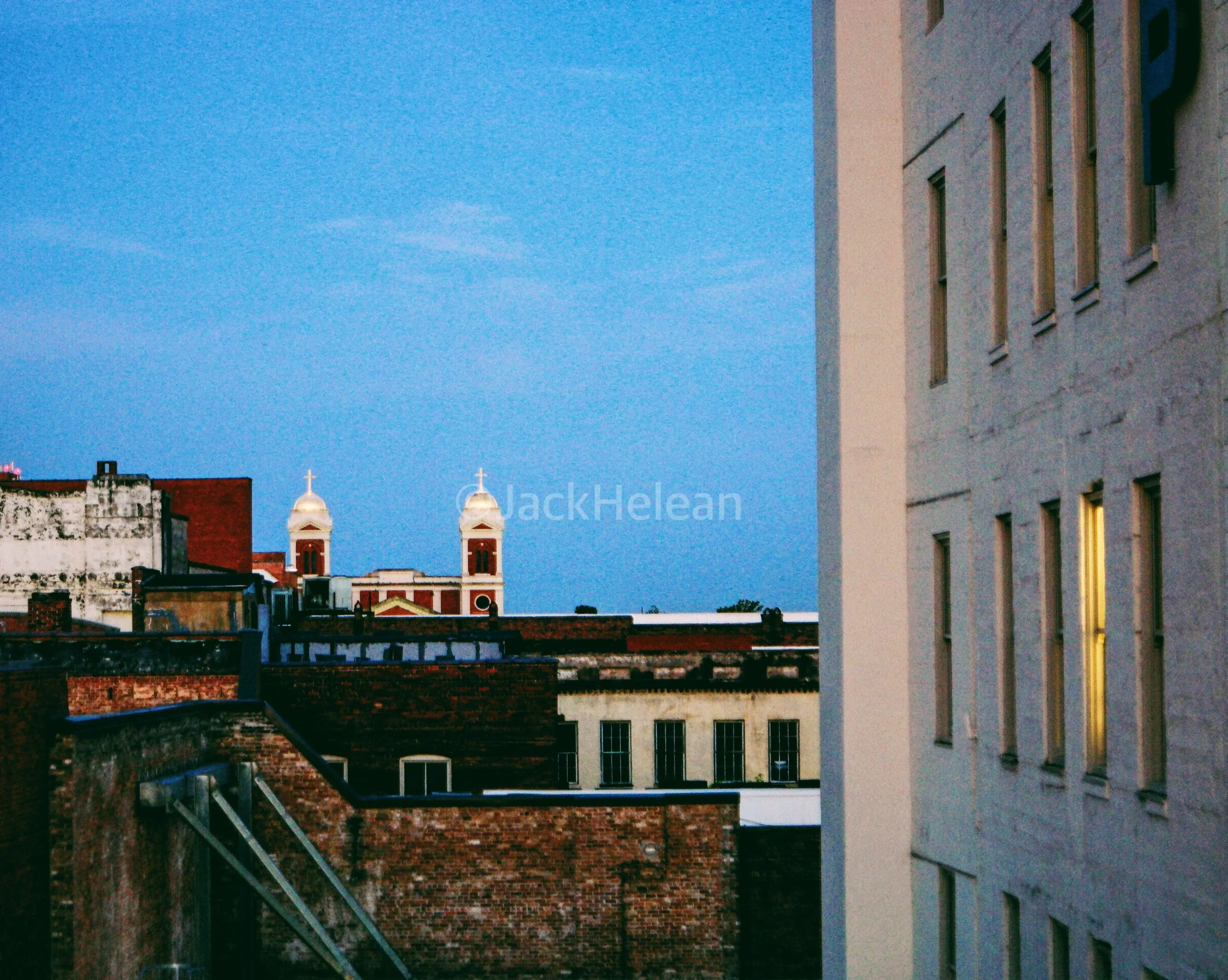 Looking over rooftops towards the Cathedral of the Immaculate Conception with the Van Antwerp on the right.